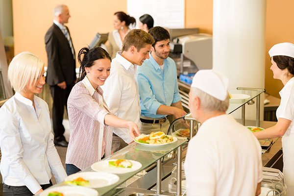 Employees in an office cafeteria